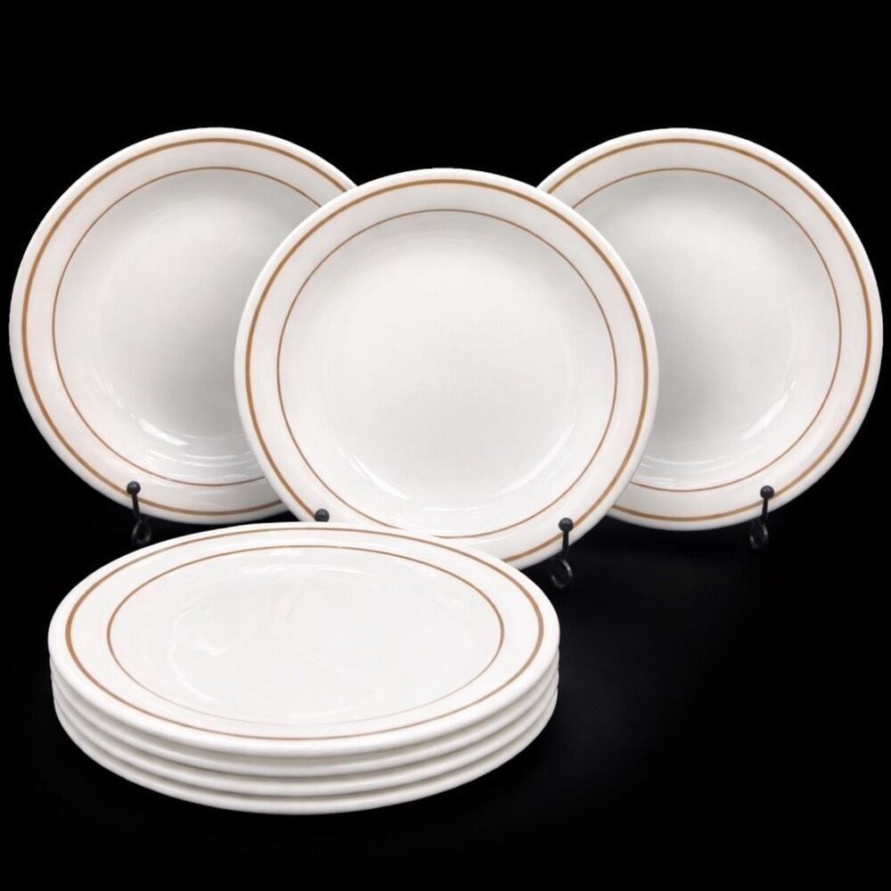 Vintage Comcor Corning Lariat Appetizer Plates Set of 7 White Tan Rim Restaurant